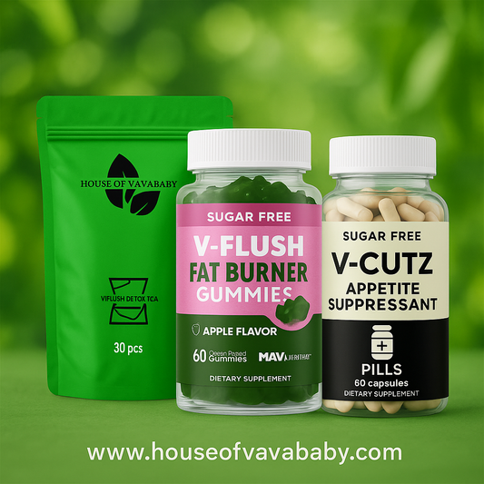 V-Flush Detox & Fat Control Trio.               (Thé,gummy boulé gress, gren pou koupé apeti)