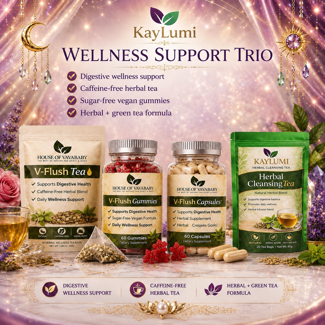 V-Flush Detox & Fat Control weight loss set. (Thé,gummy boulé gress, gren pou koupé apeti)